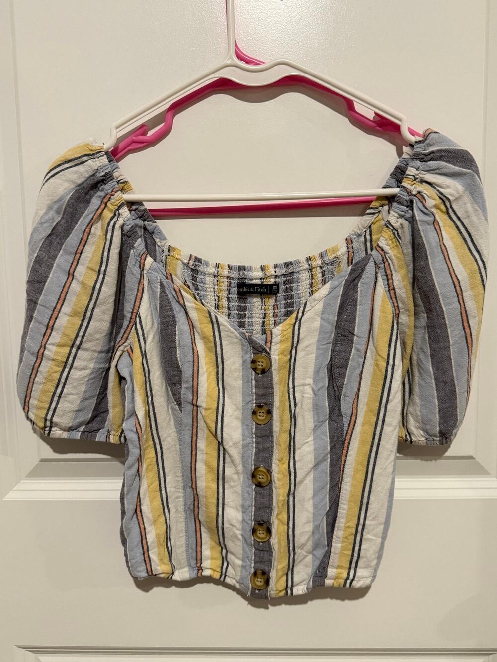 Abercrombie & Fitch XS Striped Puff Sleeve Button Front Smocked Crop Top